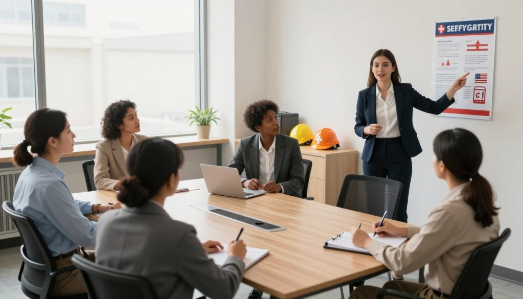 A corporate office setting featuring a diverse group of workers engaged in a safety training session. In the foreground, a confident female trainer, wearing professional attire, gestures towards a safety poster on the wall. In the middle, attentive employees of various backgrounds sit around a rectangular table, all dressed in smart business casual attire, taking notes and discussing. The background displays safety equipment like helmets and first aid kits, enhancing the occupational theme. Soft, natural lighting streams through large windows, creating a warm and inviting atmosphere. The camera angle is slightly elevated, providing a clear view of both the trainer and the participants. The overall mood is focused and professional, reflecting the importance of workplace safety and workers' compensation awareness.