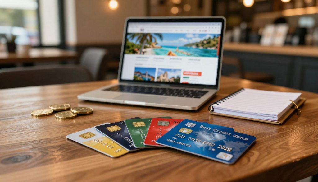 A creative representation of the concept of "Best Credit Cards," featuring an elegantly designed assortment of credit cards arranged in a fan shape on a polished wooden desk in the foreground. In the middle layer, include a laptop with an open webpage displaying travel destinations and cashback offers, surrounded by a few gold coins and a stylish planner, hinting at finance and travel rewards. Set the background with a soft-focus view of a cozy coffee shop with warm lighting, suggesting a productive atmosphere. The scene should evoke a sense of aspiration and sophistication, ideal for someone looking for the best credit card options. The lighting should be warm and inviting, creating a calm yet dynamic mood, with a slight bokeh effect enhancing the focus on the cards and items in the foreground.