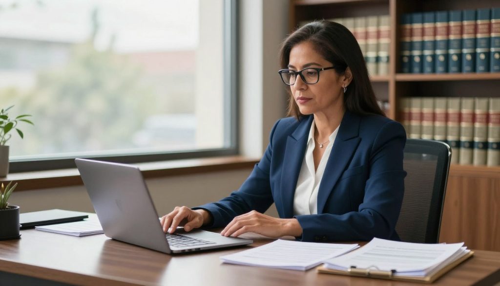 A focused scene featuring a professional immigration lawyer in an office setting. The lawyer, a middle-aged Hispanic woman, is seated at a modern desk covered with legal documents and a laptop. She wears a tailored navy blue suit and glasses, conveying confidence and expertise. In the foreground, a stack of immigration forms is visible, adding context to her work. The middle presents a large window allowing natural light to illuminate the room, enhancing the warm and inviting atmosphere. Bookshelves filled with legal texts line the background. The mood should be one of professionalism and approachability, emphasizing the essential qualities of trustworthiness and competence in immigration law. Shot with a slight depth of field to focus on the lawyer while softly blurring the background elements. A focused scene featuring a professional immigration lawyer in an office setting. The lawyer, a middle-aged Hispanic woman, is seated at a modern desk covered with legal documents and a laptop. She wears a tailored navy blue suit and glasses, conveying confidence and expertise. In the foreground, a stack of immigration forms is visible, adding context to her work. The middle presents a large window allowing natural light to illuminate the room, enhancing the warm and inviting atmosphere. Bookshelves filled with legal texts line the background. The mood should be one of professionalism and approachability, emphasizing the essential qualities of trustworthiness and competence in immigration law. Shot with a slight depth of field to focus on the lawyer while softly blurring the background elements.