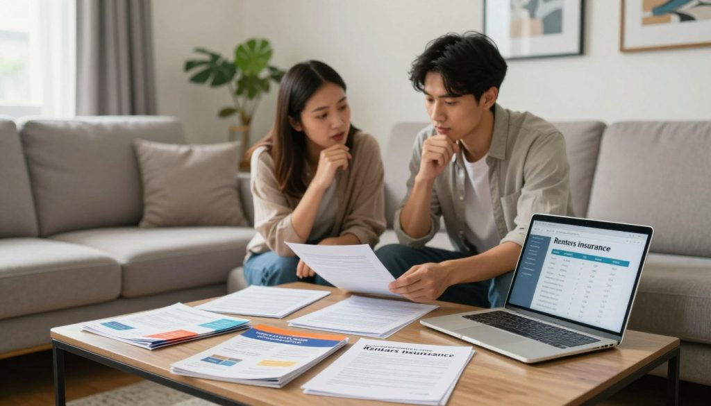A modern living room scene depicting a young professional couple in casual, modest attire, reviewing various renters insurance documents on a stylish coffee table. The foreground features a variety of colorful brochures and a laptop displaying a comparison chart of insurance plans. In the middle, the couple is engaged in discussion, appearing thoughtful and focused. The background showcases a well-decorated apartment space, with plants and framed art on the walls, creating a cozy yet professional environment. Soft, natural lighting from a nearby window casts a warm glow, adding an inviting atmosphere. The overall mood is practical and optimistic, symbolizing the pursuit of affordable renters insurance solutions.