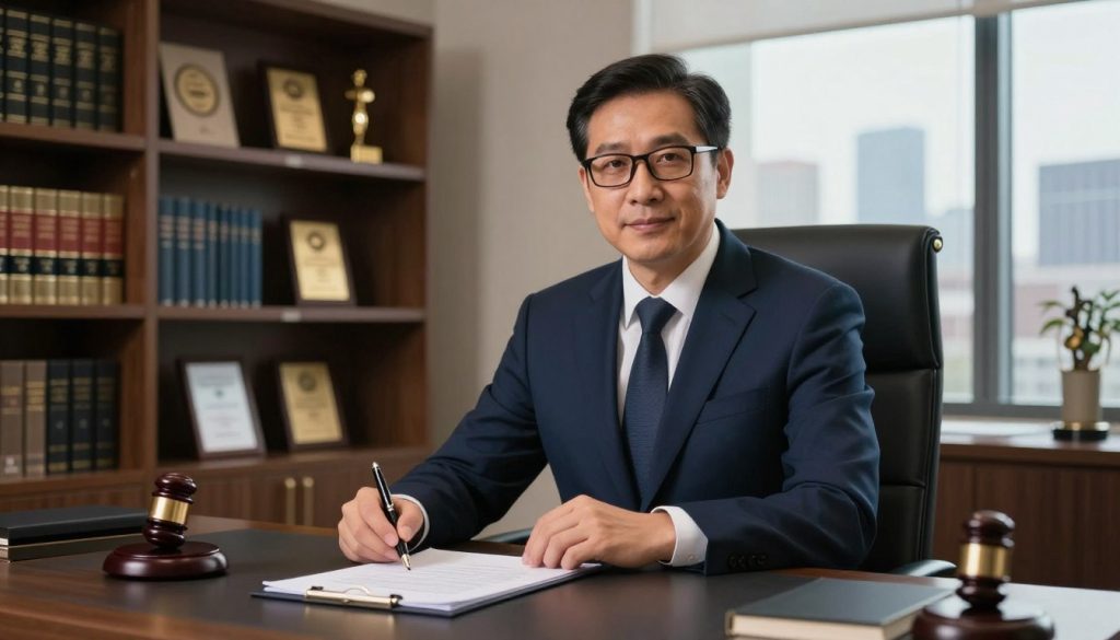 A professional divorce attorney sitting confidently at a modern desk in an upscale office, wearing a tailored navy suit and glasses, exuding an aura of authority and compassion. In the foreground, a legal document and a stylish pen reflect the attorney’s readiness to assist clients. The middle ground features a bookshelf filled with legal texts and awards, emphasizing expertise. Soft, warm lighting bathes the scene, creating an inviting atmosphere. In the background, large windows reveal a city skyline, symbolizing a fresh start. The overall mood is one of professionalism, trustworthiness, and support, illustrating the attorney's commitment to guiding clients through the complexities of divorce law. The image captures the essence of navigating the legal landscape effectively. A professional divorce attorney sitting confidently at a modern desk in an upscale office, wearing a tailored navy suit and glasses, exuding an aura of authority and compassion. In the foreground, a legal document and a stylish pen reflect the attorney’s readiness to assist clients. The middle ground features a bookshelf filled with legal texts and awards, emphasizing expertise. Soft, warm lighting bathes the scene, creating an inviting atmosphere. In the background, large windows reveal a city skyline, symbolizing a fresh start. The overall mood is one of professionalism, trustworthiness, and support, illustrating the attorney's commitment to guiding clients through the complexities of divorce law. The image captures the essence of navigating the legal landscape effectively.
