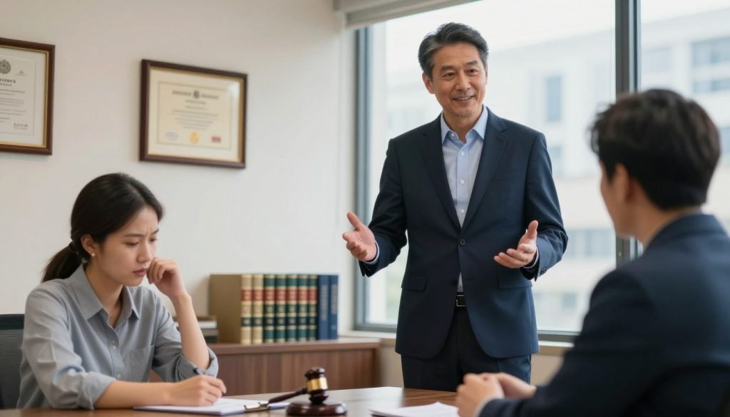 A professional personal injury attorney stands confidently in a well-lit office environment. In the foreground, the attorney, a middle-aged individual with an approachable demeanor, is dressed in a tailored navy suit and a light blue shirt, exuding professionalism and trust. Their posture is open, and they are engaged in a conversation with a client, a younger person sitting across the desk, visibly concerned. In the middle background, there are legal books and a framed certificate on the wall, suggesting authority and expertise. The office has warm lighting to create a welcoming atmosphere, while a large window in the background shows a bustling cityscape. This image captures a moment of guidance and support, emphasizing the essential steps one should take after an injury. A professional personal injury attorney stands confidently in a well-lit office environment. In the foreground, the attorney, a middle-aged individual with an approachable demeanor, is dressed in a tailored navy suit and a light blue shirt, exuding professionalism and trust. Their posture is open, and they are engaged in a conversation with a client, a younger person sitting across the desk, visibly concerned. In the middle background, there are legal books and a framed certificate on the wall, suggesting authority and expertise. The office has warm lighting to create a welcoming atmosphere, while a large window in the background shows a bustling cityscape. This image captures a moment of guidance and support, emphasizing the essential steps one should take after an injury.