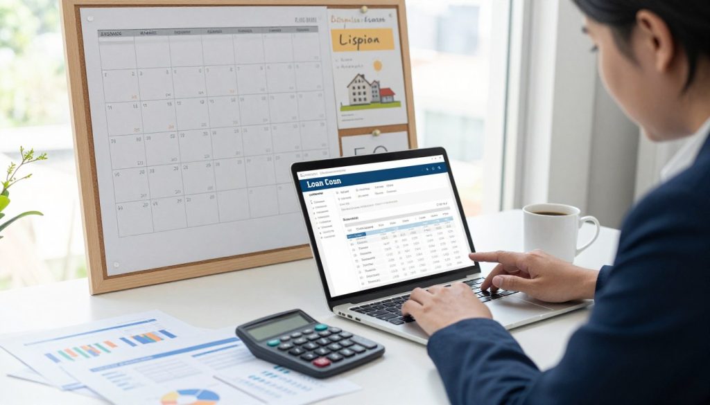 A well-organized financial planning workspace, featuring a professional individual in business attire sitting at a desk covered with financial documents, calculators, and a laptop open to a loan application page. In the foreground, the person is focused on analyzing their budget on a laptop, with a cup of coffee beside them. The middle layer showcases a wall calendar filled with important financial deadlines and a vision board pinned with aspirational goals, such as home ownership or travel. The background depicts soft natural light filtering through a window, creating an inviting atmosphere. The overall mood is one of determination and focus, reinforcing a sense of readiness and organization in the financial decision-making process.